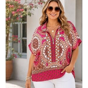 Single Thread Top Women's Large Pink Black Floral Abstract Relaxed Resort New